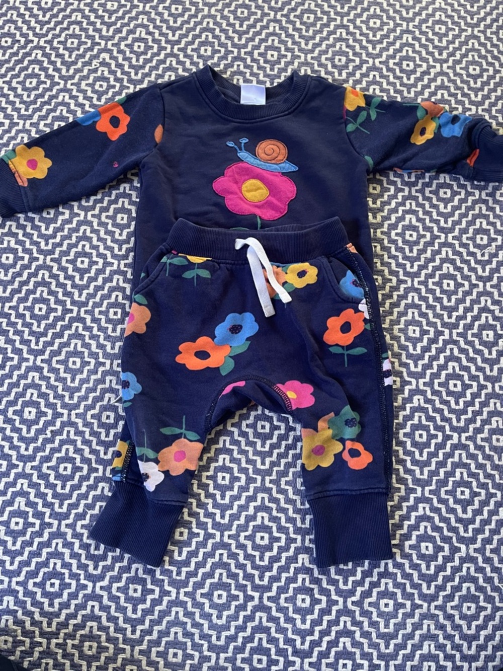 Hanna Anderson Navy Floral Snail Applique Baby Sweat Set